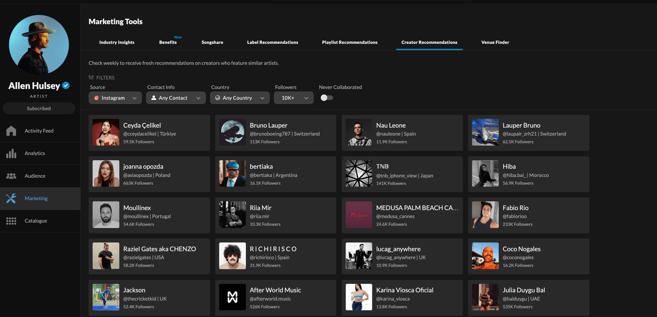 Songstats Creator Recommendations Tool